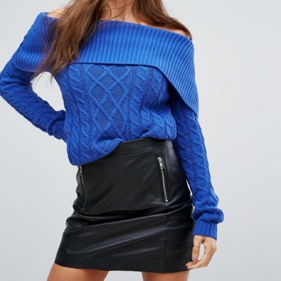 Boohoo Sweaters - Blue cable knit Bardot sweater size small